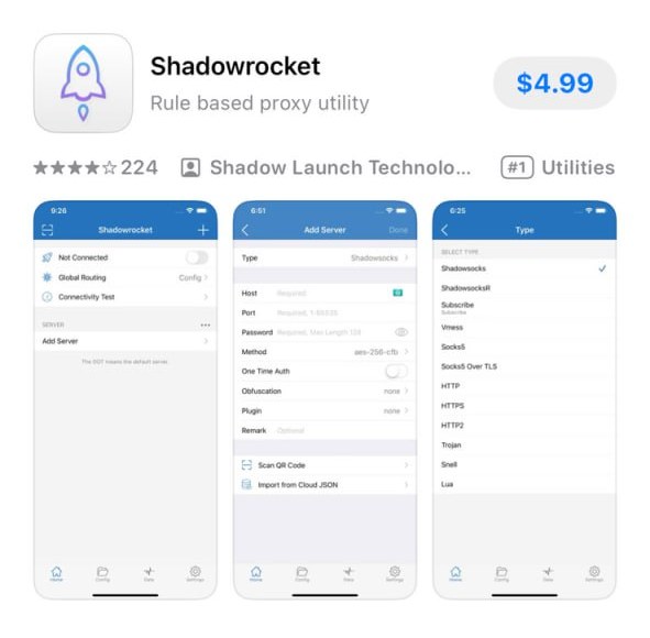 美区 App Store 中 Shadowrocket 售价 $4.99